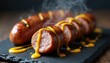 © miss irine - Close-up of sliced grilled bratwurst sausage with mustard drizzle on black slate plate. Savory, delicious, tasty, flavorful meal. Meat dish protein, culinary, home cooking. Party food, dinner.