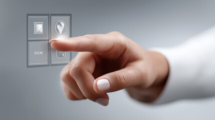 Digital Interface: A close-up shot of a hand interacts with a sleek, touch screen interface, pressing a virtual button against a modern design.