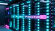 © igor.nazlo - A vibrant glowing password field with a 'STRONG PASSWORD' being entered, in a futuristic server room environment
