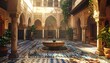 © qiara - Ornate Courtyard with Central Fountain and Elaborate Tile Work Featuring Architectural Details and Sunlight Casting Shadows Creating a Serene Atmosphere