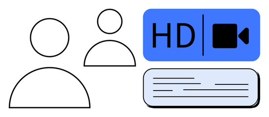 Two user icons representing participants, HD video camera icon, and a message box. Ideal for communication, video conference, online meetings, live chat, team collaboration, digital interaction