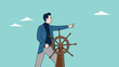 © MdHasibulHasan - leadership skill to lead company success, direct or motivate, manager to motivate team or company to move forward, businessman controls the steering wheel of the ship to give direction to the team