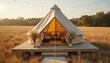 © miss irine - Beige tent on wooden platform in golden field landscape. Glamping vacation, nature relaxation. Cosy warm rustic shelter, floral decor, pampas grass arrangement. Stylish elegant get-away event,