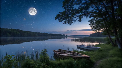  A serene lake at night reflecting the moon and stars with boats resting on the shoreline a beautifull  view