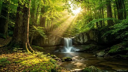 Wall Mural - Soft Light Filters Through a Lush Forest Canopy Illuminating a Peaceful Waterfall Cascade ethereal, tranquil, landscape