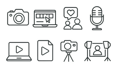 Digital media icons: camera, microphone, video, collaboration symbols on dark background