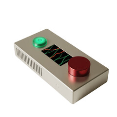 A metallic electronic device with two prominent buttons a screen and ventilation slots isolated on transparent background
