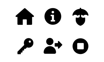 Minimalist icon set for web and app design featuring home, info, umbrella, key, user, and stop symbols