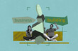 © deagreez - Trendy art creative full zine photo collage of happy businesswoman businessman sit geometric figure tower new business building start