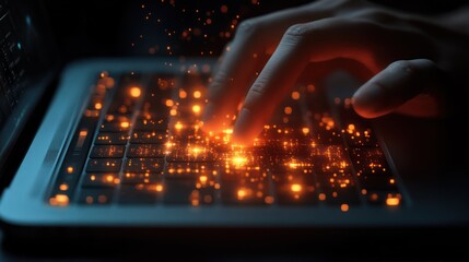 Nighttime laptop typing, glowing keys, data flow, digital creation