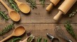 © Kraitong - Wooden Kitchen Utensils with Fresh Herbs on Rustic Wooden Table