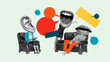 © Lustre Art Group  - Bold colorful poster of couple therapy with oversized mouths and ear heads in vivid discussion. Concept of communication, journalism, social projects, and PR campaigns.