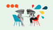 © Lustre Art Group  - Graphic composition. Two women with lips heads in conversation on chairs with speech bubbles. Concept of HR, communication, education, social dialogue, and media illustration.