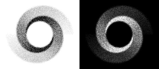 Wall Mural - Abstract art background with dotted circle. Stipple effect with chaotic noise in spiral. Black shape on a white background and the same white shape on the black side. Yin and yang style.