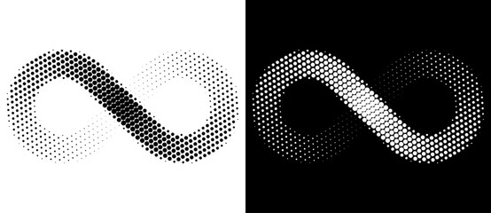 Wall Mural - Spiral as halftone dotted abstract infinity symbol. Black shape on a white background and the same white shape on the black side.