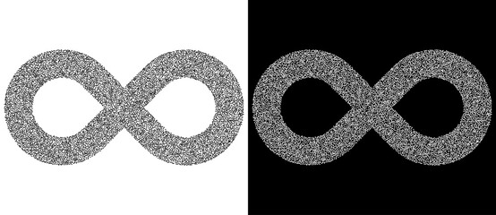 Wall Mural - Spiral as dotted abstract infinity symbol. Stipple, pointillism effect. Black shape on a white background and the same white shape on the black side.