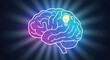 © M - Brain with light bulb inside as symbol of idea generation, creative thinking, innovation and problem solving on dark blue background with rays