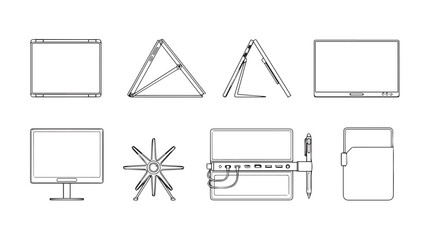 Collection of various geometric and technical schematics wireframe diagrams abstract shapes silhouette