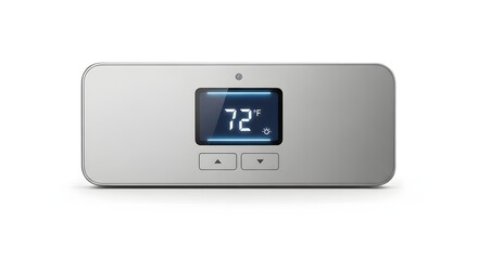 Sleek, modern digital thermostat displaying room temperature.
