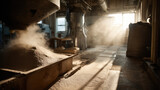 Flour dust rises as grains are sifted through large industrial machines in a sunlit processing plant