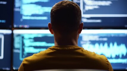 Focused Programmer Working on Code in a Dark Room with Multiple Blue Screens Displaying Lines of Code and Data with Intense Focus