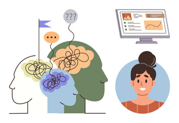 Overlapping human profiles with tangled thoughts, speech bubbles, and guiding flag alongside a smiling person and an analytics screen. Ideal for teamwork, problem-solving, decision-making, strategy