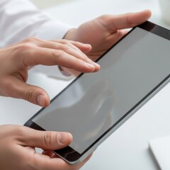 Close up of hands holding and interacting with a modern smartphone screen isolated on white background