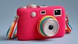 © Nataliia_Trushchenko - Vibrant pink camera with a unique design and colorful strap, showcasing a playful aesthetic, perfect for photography enthusiasts and creative individuals seeking stylish accessories for capturing mome