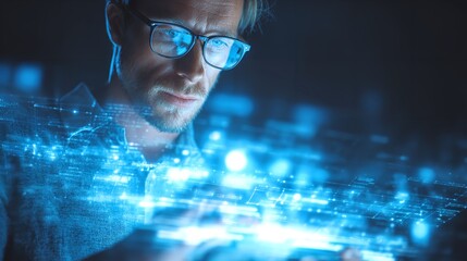 A focused engineer immersed in a digital world exploring innovative tech solutions with striking blue glow and sharp