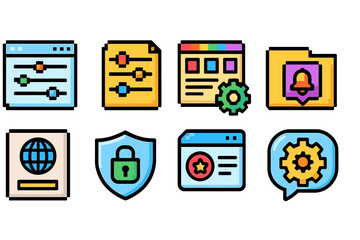 Web development flat icon set. coding, security, user interface icons flat collection