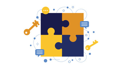 Interlocking puzzle pieces business solution icon with keys bubbles and network lines in flat navy yellow blue vector style isolated