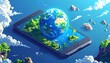 © Project - An illustration of planet Earth emerging from a smartphone screen, surrounded by fluffy clouds in a bright blue sky