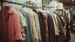 © dominic - Vintage clothing hanging on rack in thrift store with colorful dresses and coats displayed under soft lighting creating nostalgic atmosphere