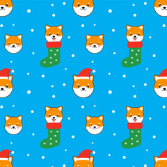 Wall Mural - Happy kawaii doggy Christmas pattern.Colorful Xmas seamless pattern with Shiba Inu dog with red hat and green stocking isolated on blue background.Winter, new year vector background wallpaper.