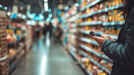 Medium shot of a shopper using a mobile app to navigate through store aisles with the phones screen sharply focused and shelves softly blurred in the background.