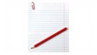 © Gilang - A red pencil rests diagonally on a sheet of lined white paper, secured by a red paperclip in the upper left corner against a white background