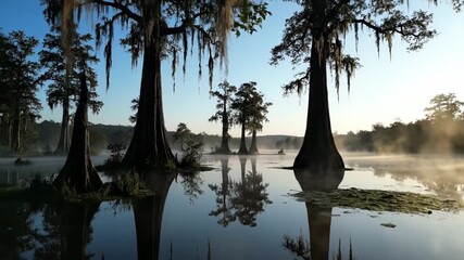Wall Mural - Ethereal morning mist dissipating timelapse revealing a mysterious swamp with ancient trees and calm water calm, ancient trees, wetland