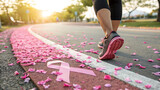running on the road, A close-up of a runner's foot stepping onto a vibrant path decorated with pink petals in a sunny outdoor setting. Breast Cancer, Breast Cancer Awareness