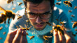 © Bernd Schmidt - Man with a distressed expression, short dark hair, and medium brown skin, surrounded by a swarm of hundreds of bees in mid-ai generative AI