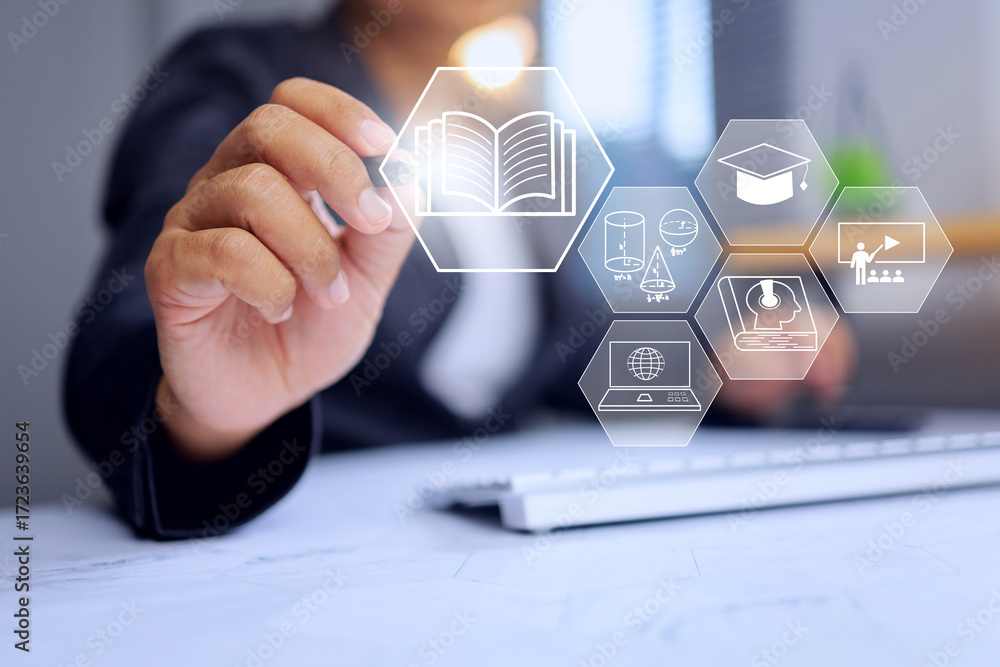 E learning concept with a man's hand is writing on virtual interface to ...