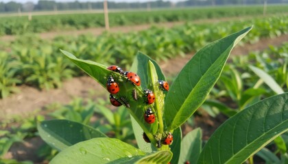 Wall Mural - Medium shot capturing a natural predator like ladybugs on green leaves actively controlling harmful insects in an outdoor crop environment.