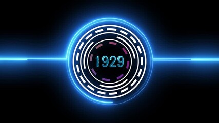 abstract year count video animation of 1929, Futuristic hud interface element with glowing blue neon circles and light streaks, creating a high-tech and modern visual effect for digital designs