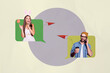 © deagreez - Zine banner full photo pop collage of happy girl guy peek communication bubble distance correspondence chat dialogue phrase