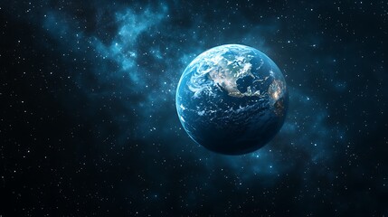 a view of planet earth from space surrounded by stars and a blue nebula like cloud formation nearby