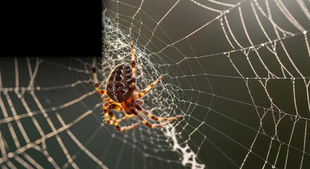 A close-up shot of a brown orb-weaver spider meticulously spinning its intricate, dew-kissed web against a dark, blurred background.