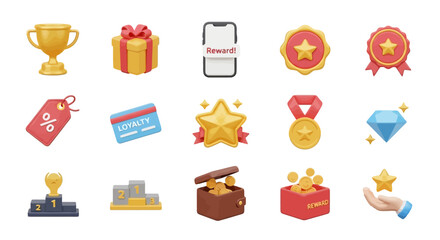 Collection of various 3D rendered reward and achievement icons, perfect for design.