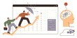 © robu_s - Two people climbing arrow chart, one protecting with umbrella, cognitive head, camera Ideal for teamwork, leadership, problem-solving, success, innovation strategy security. Simple flat metaphor
