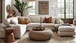 © hadia - A bright living room featuring a large white sectional sofa and a round woven coffee table on a rug on transparent background silhouette
