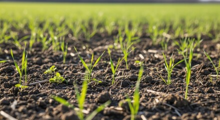 Wall Mural - Medium shot of sprouting grain seedlings in a chemicalfree field showcasing early growth stages nurtured by organic farming methods.