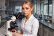 © Giada Anni - Focused Laboratory Researcher beside Microscope, Clean White Coat in Bright Facility, Calm Professional Confidence and Poise